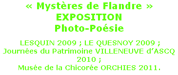 « Mystères de Flandre » 
EXPOSITION 
Photo-Poésie

 LESQUIN 2009 ; LE QUESNOY 2009 ; 
Journées du Patrimoine VILLENEUVE d’ASCQ 2010 ;
Musée de la Chicorée ORCHIES 2011.

